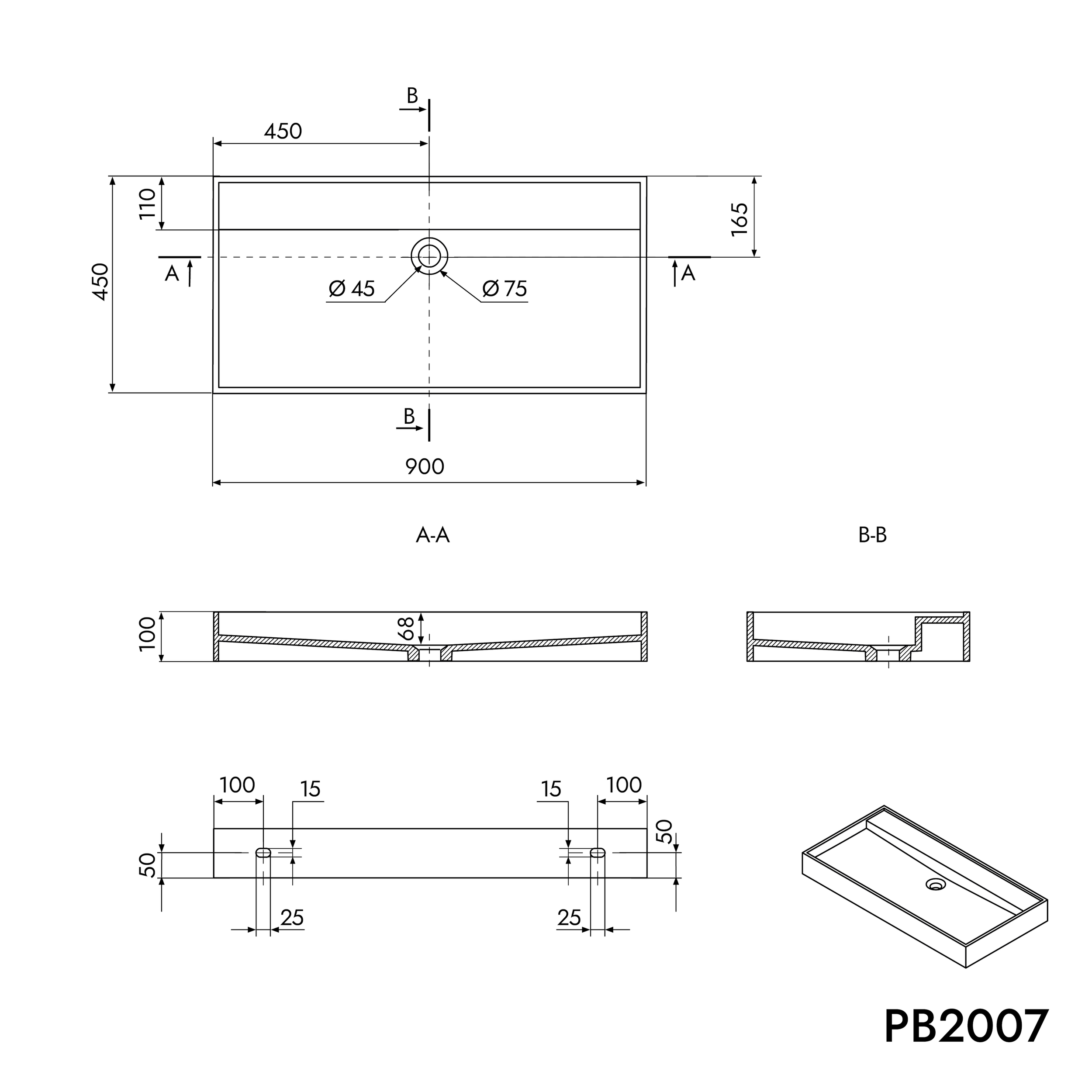 Aanrechtwastafel Wandwastafel PB2007