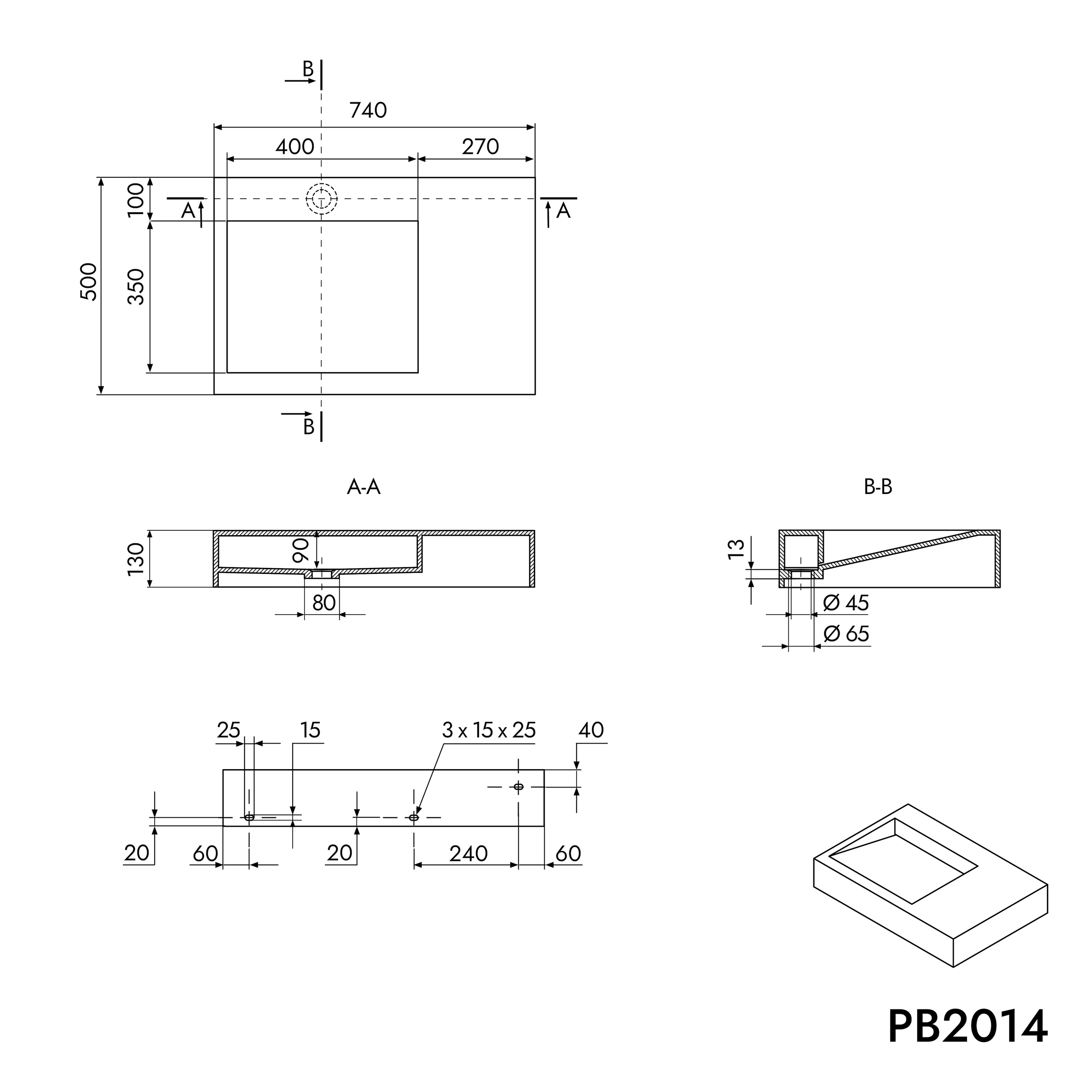 Vrijhangende wastafel PB2014 in mineraal gietwerk