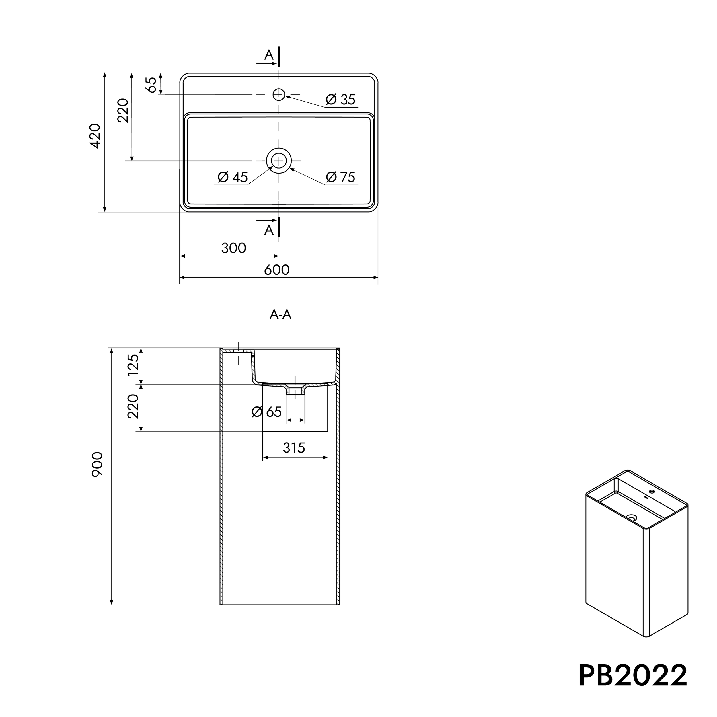 Vrijstaande wastafel PB2022