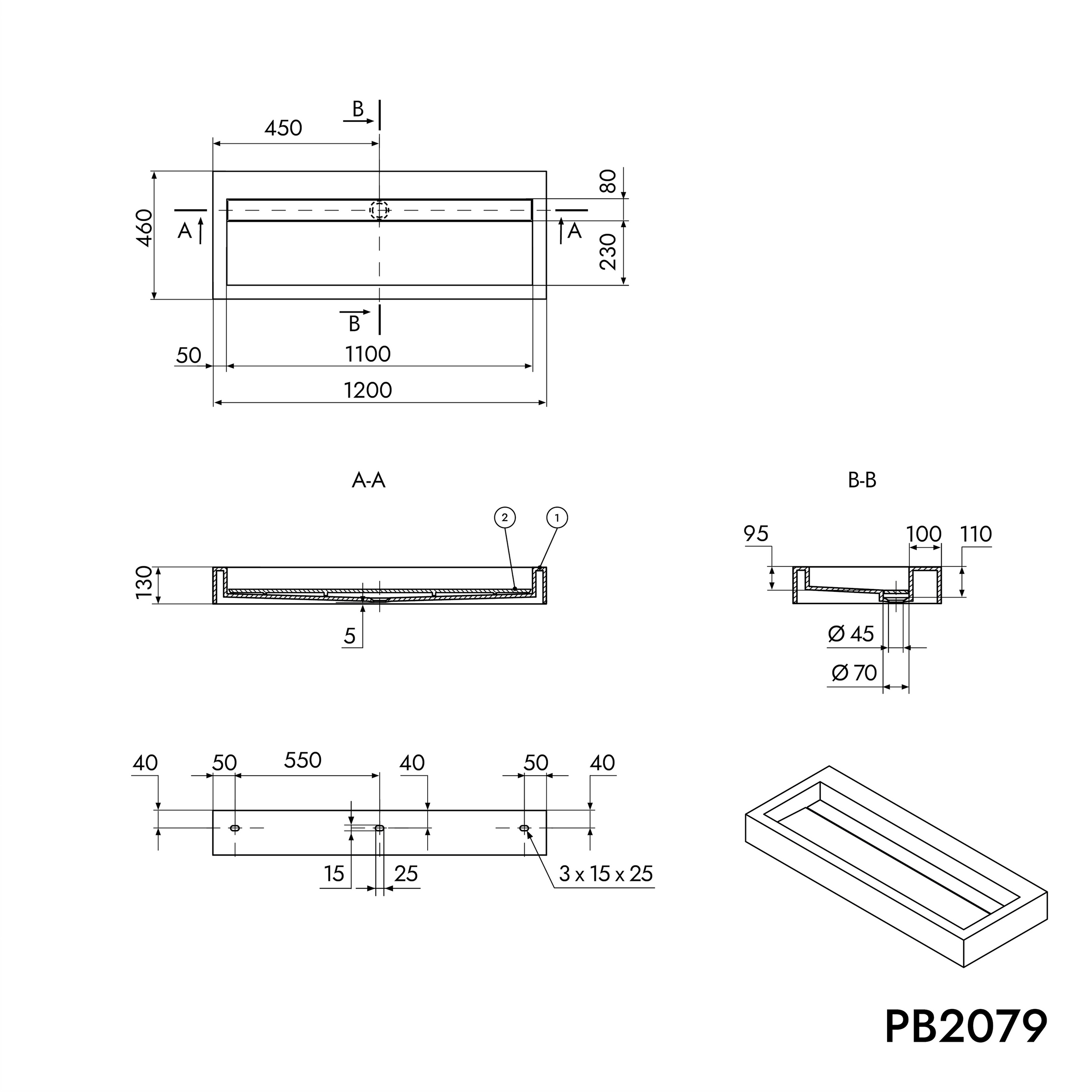 Opbouw waskom hangende wastafel PB2079 van massief steen