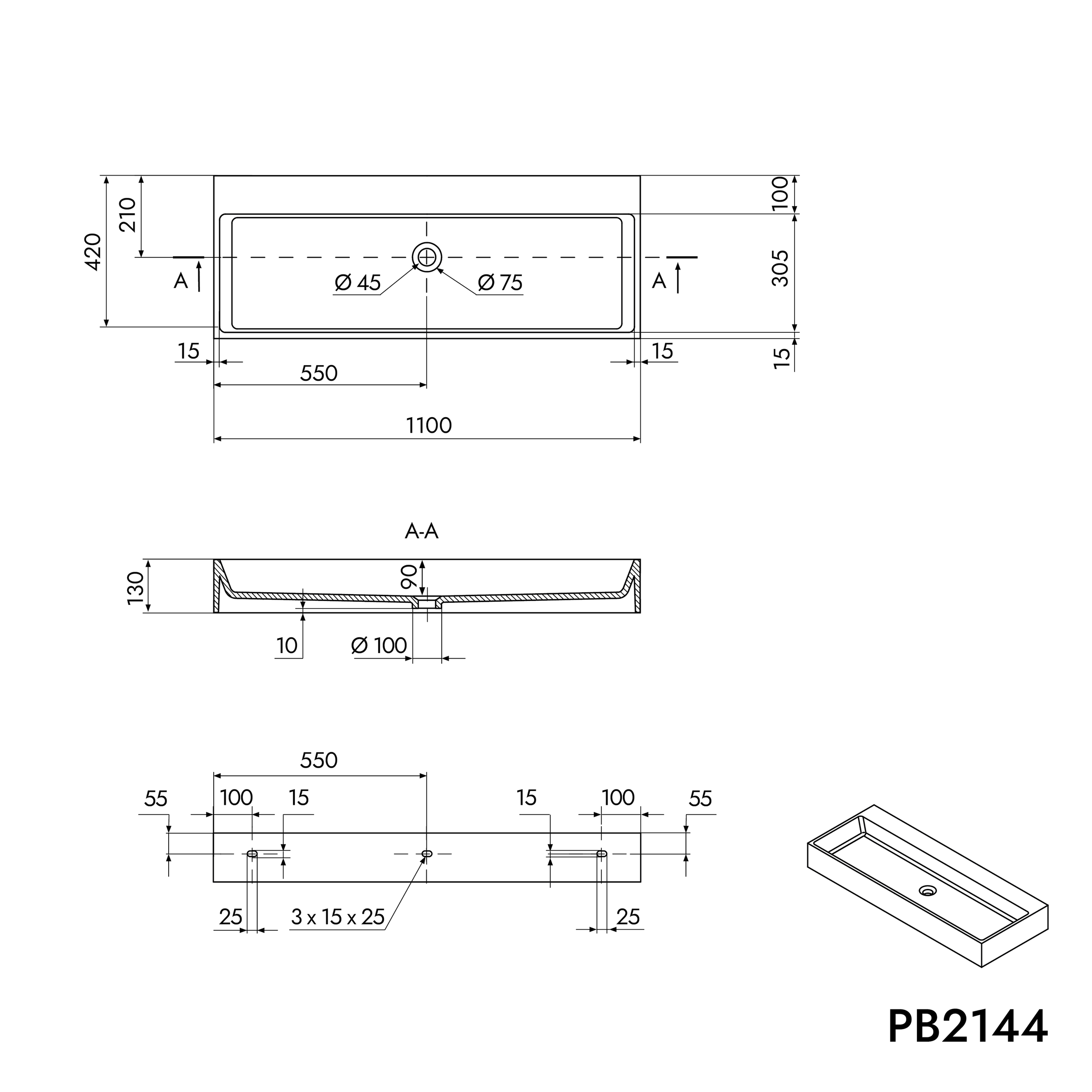 Hangende wastafel of opzetwaskom PB2144-1