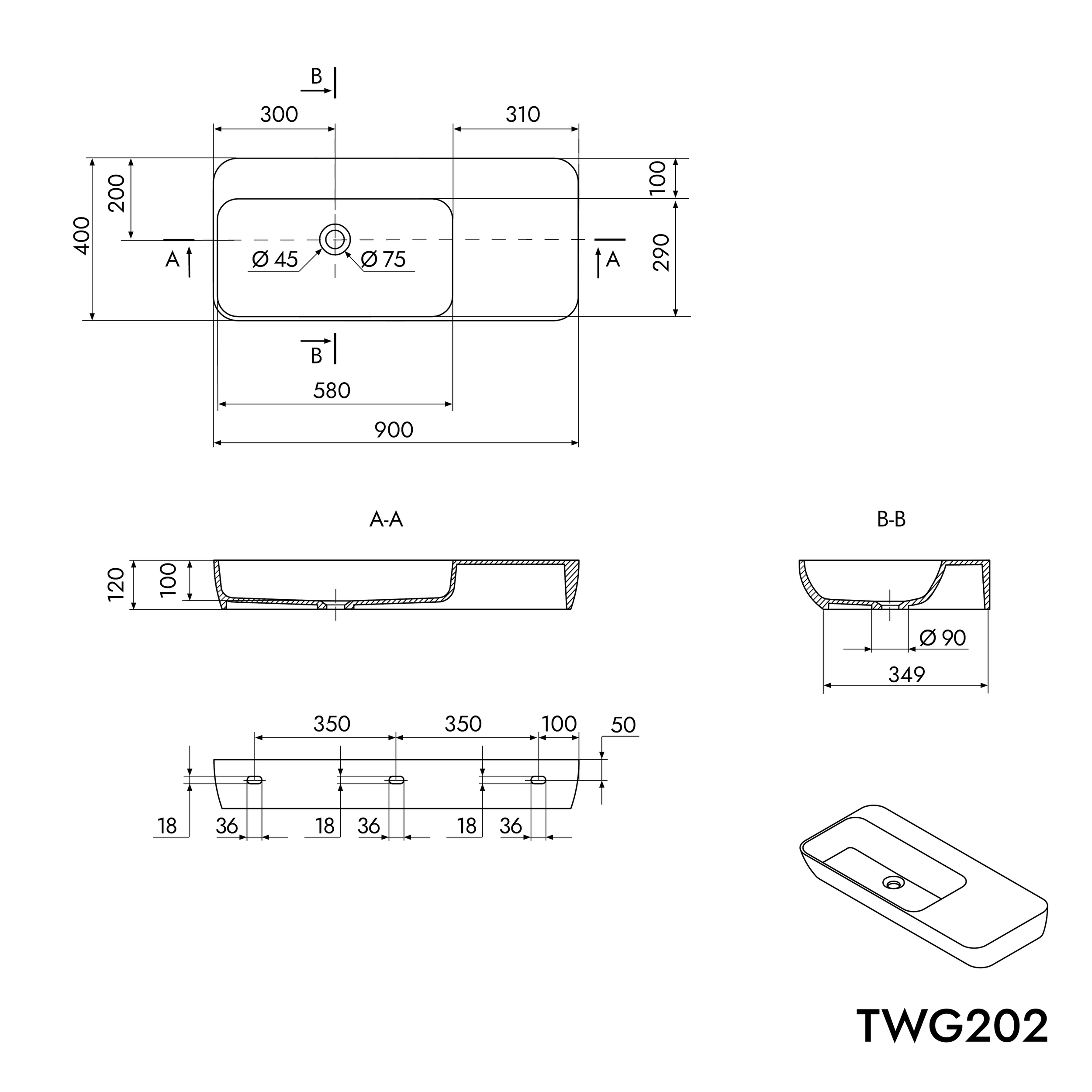 Wastafel TWG202 - Mineraal gegoten