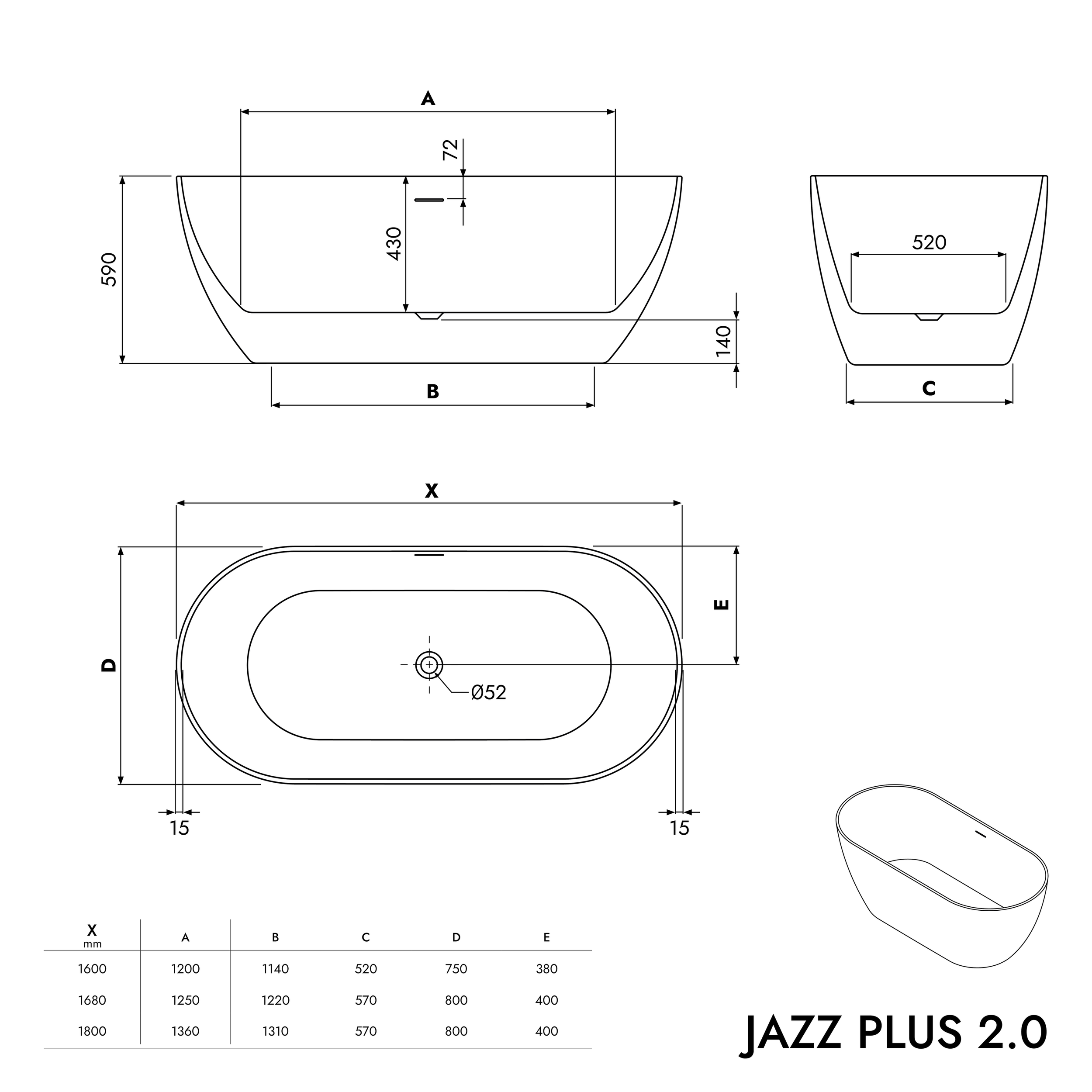 Vrijstaand bad JAZZ PLUS 2.0 Acryl 