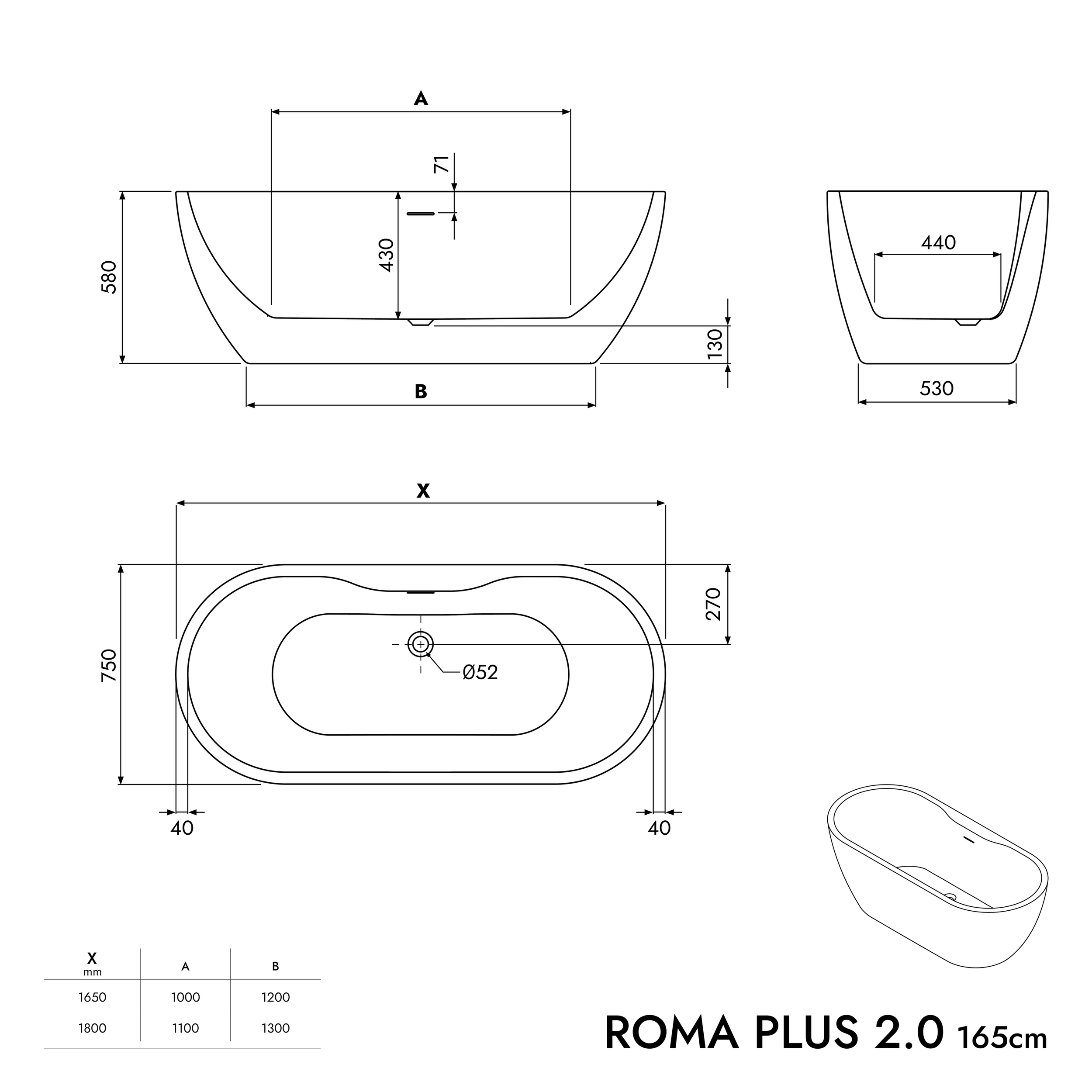 Vrijstaande badkuip ROMA PLUS 2.0 acryl wit mat