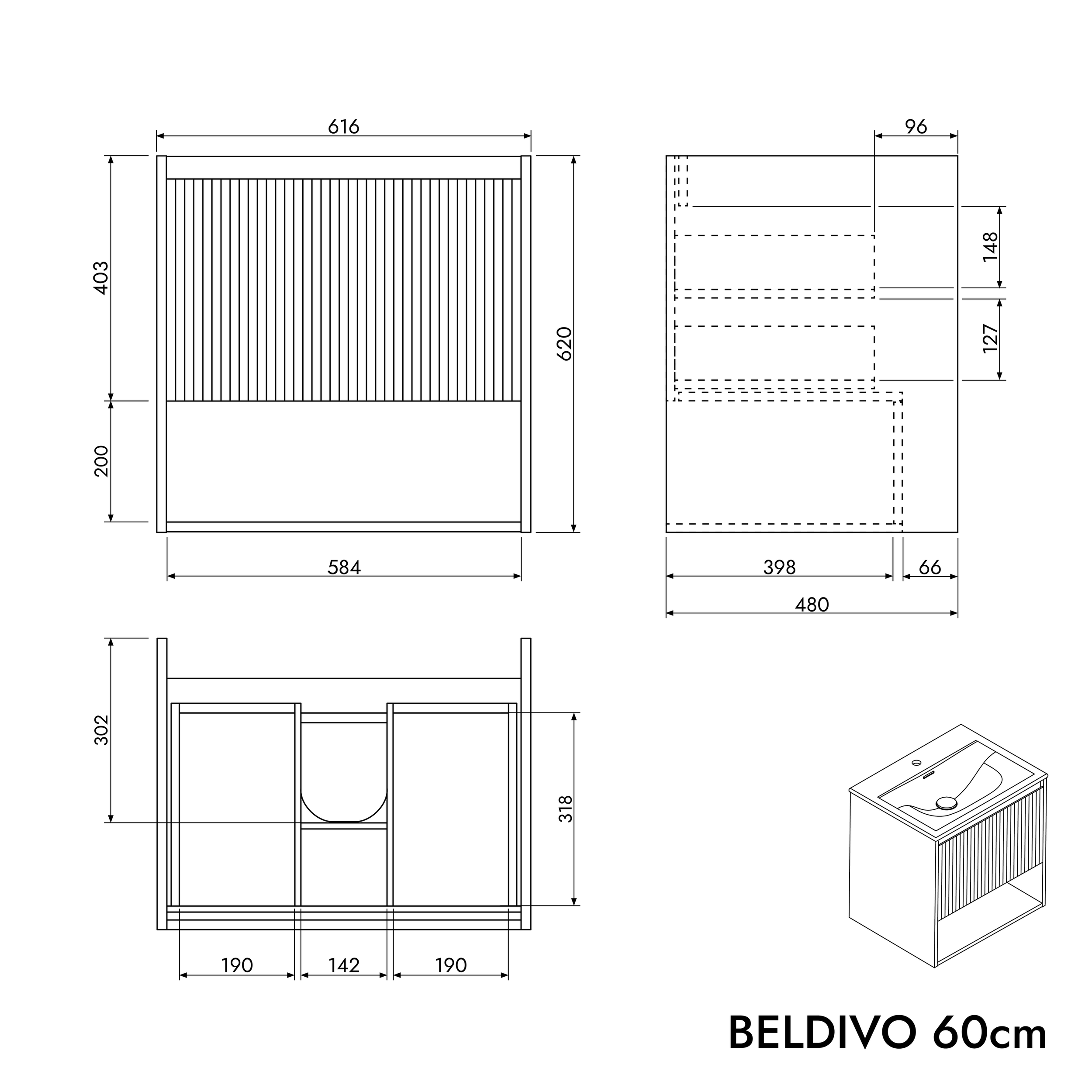 Badmeubel set BELDIVO 60 cm met wastafel