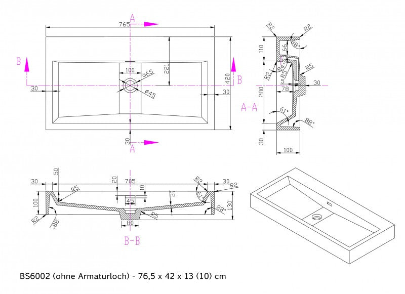 Wastafel voor wandmontage Opbouwwastafel BS6002 in gegoten marmer