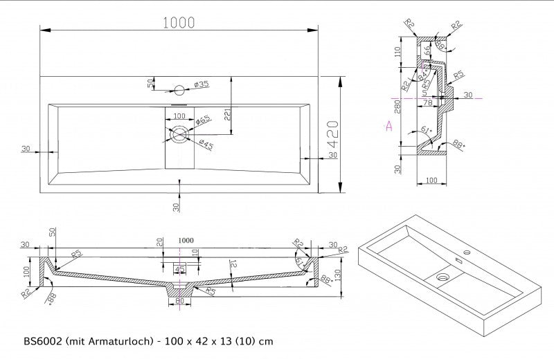 Wastafel voor wandmontage Opbouwwastafel BS6002 in gegoten marmer