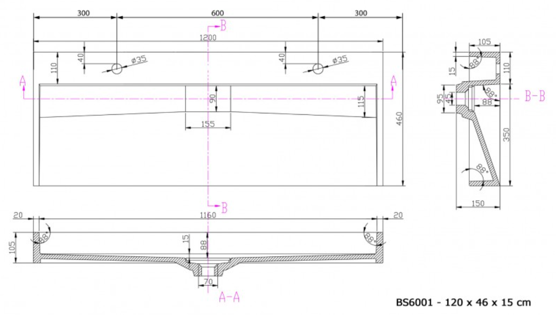 Opbouw wastafel wandwastafel BS6001 in gegoten marmer 