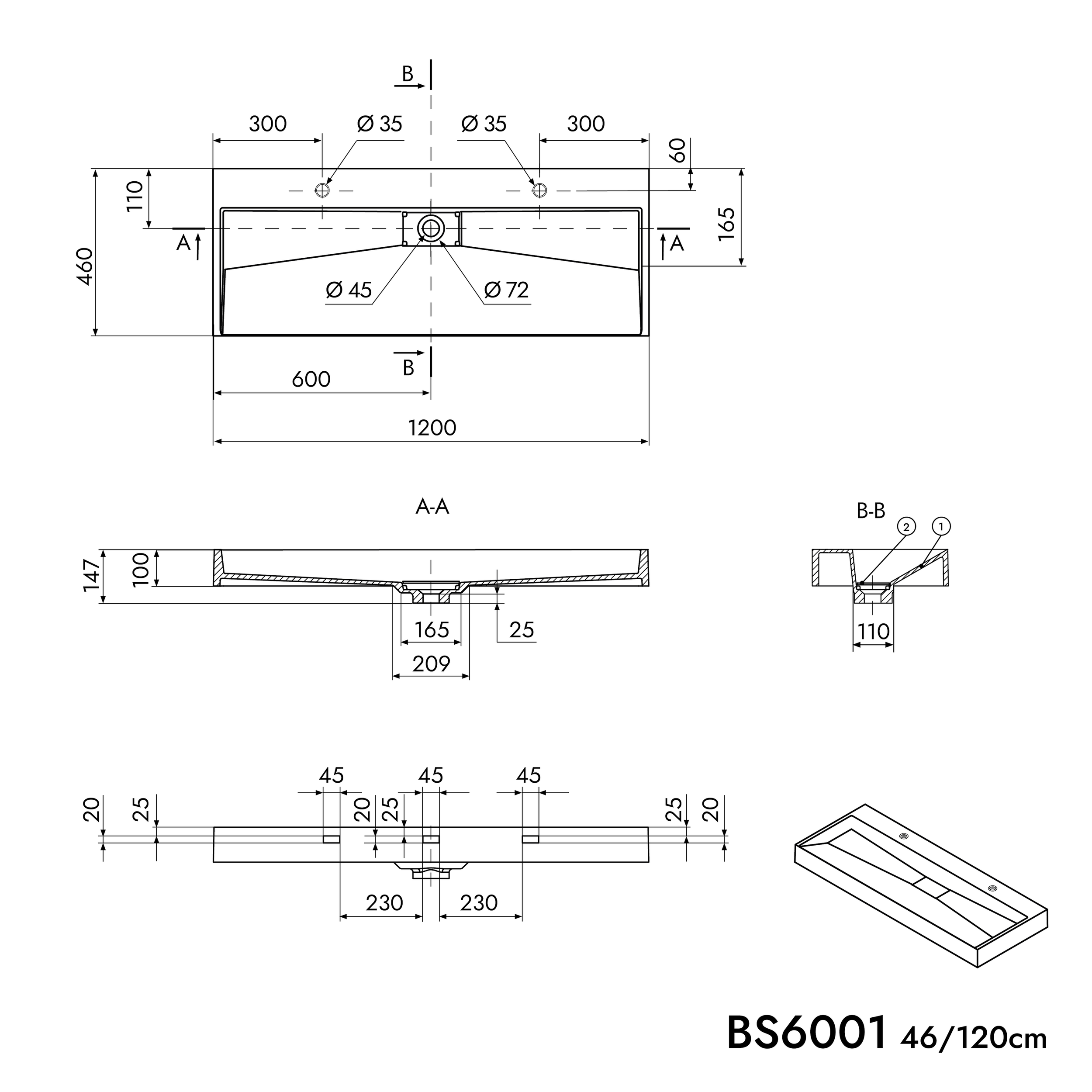 Opbouw wastafel wandwastafel BS6001 in gegoten marmer 