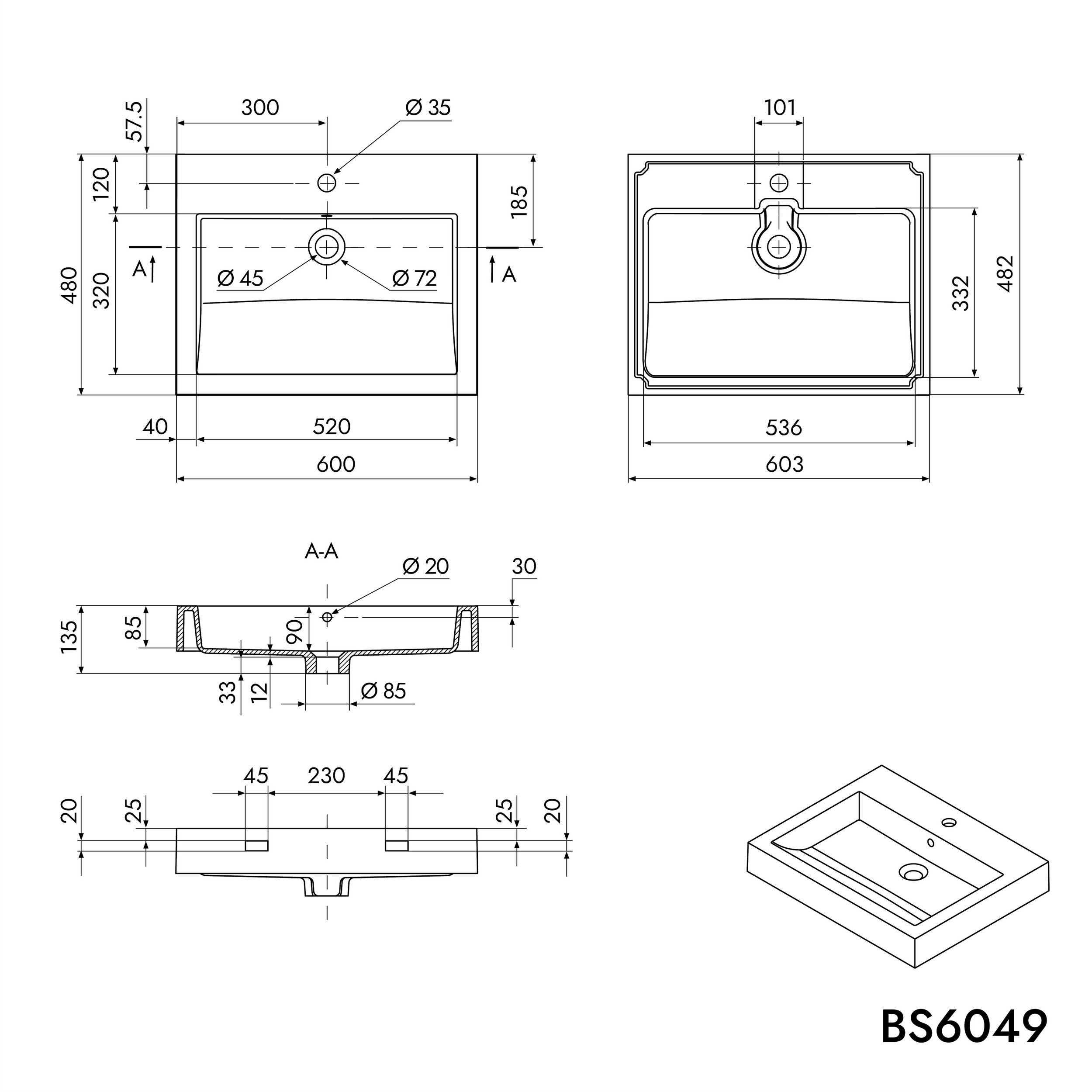 Wastafel voor wandmontage Aanrecht BS6049