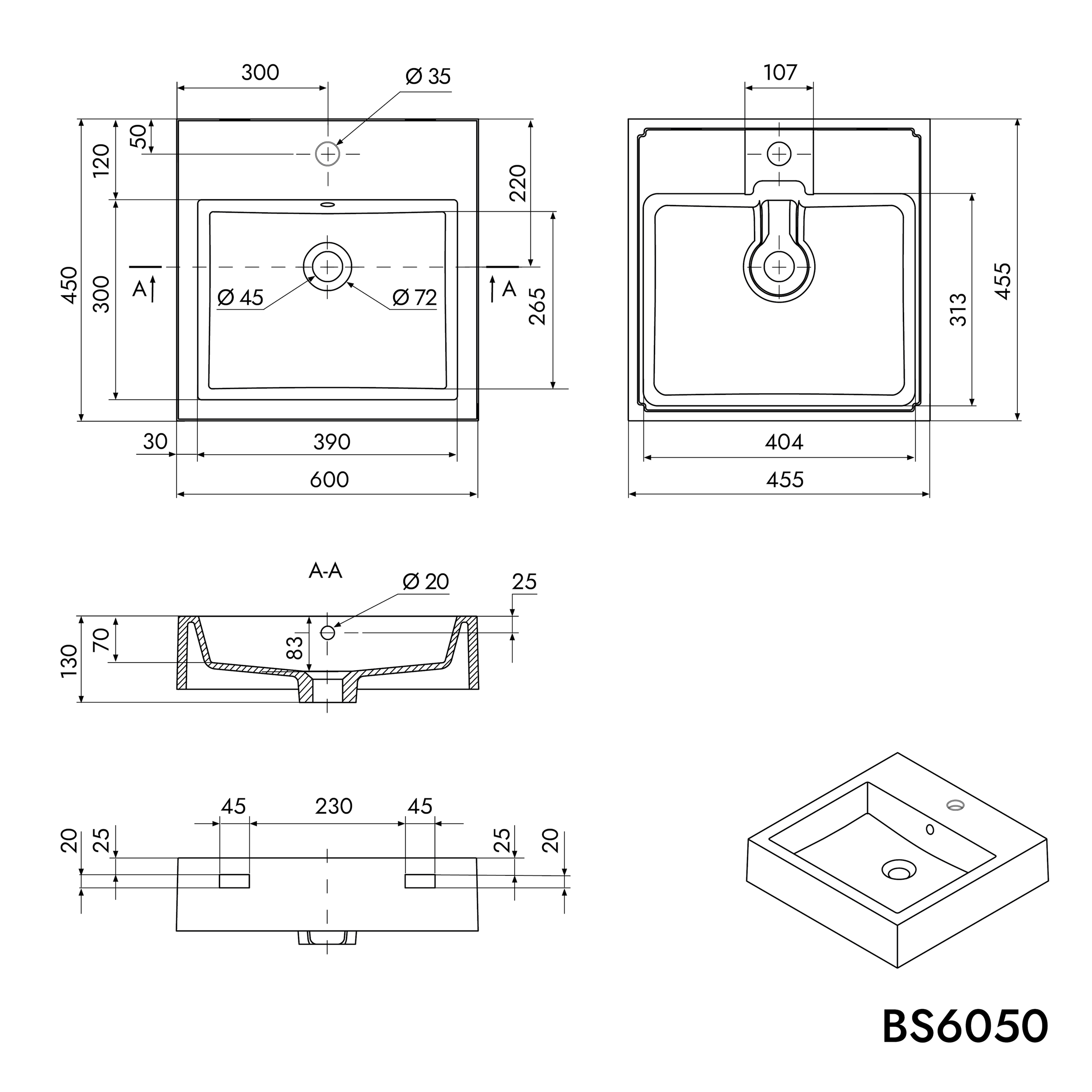 Wastafel voor wandmontage Aanrecht BS6050
