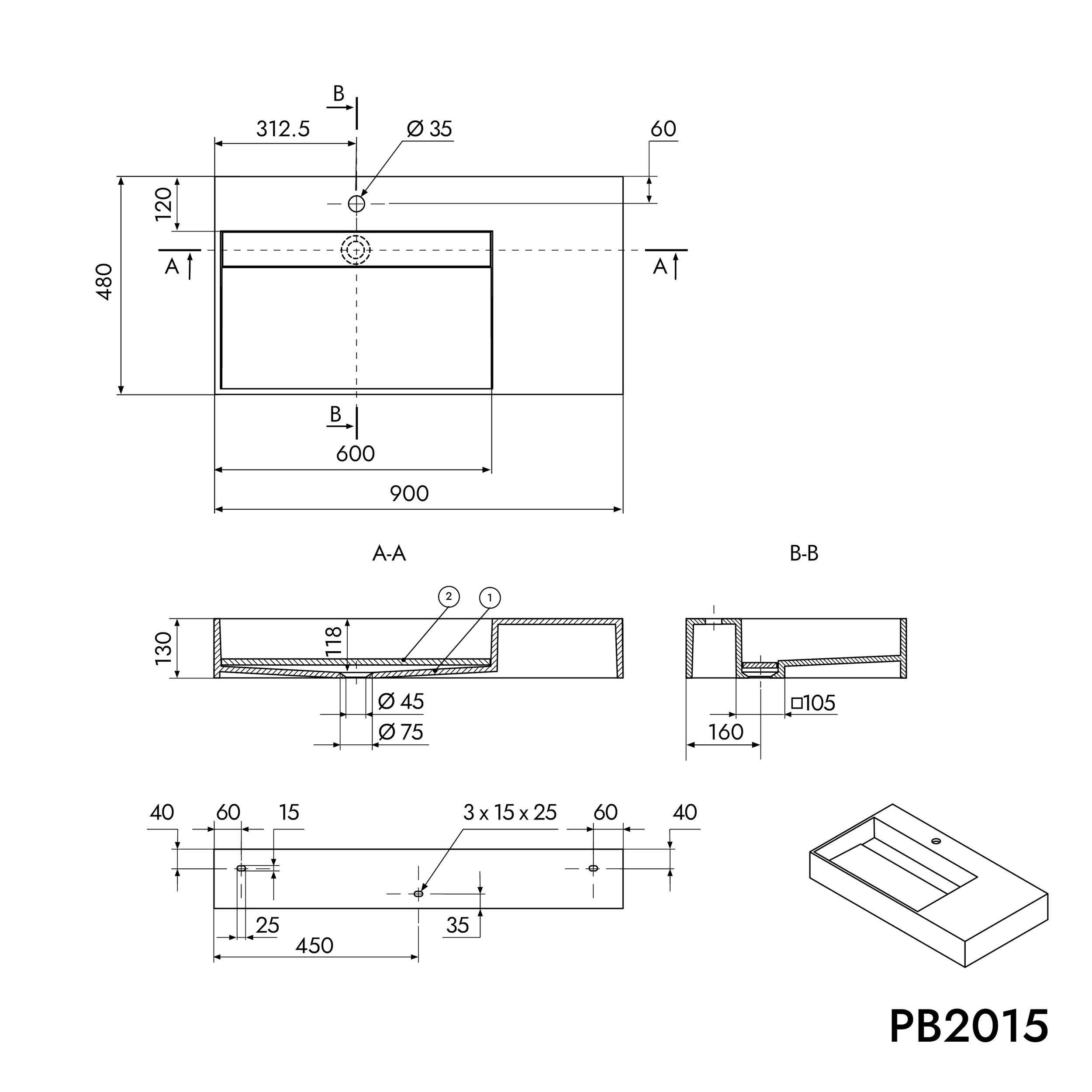 PB2015 wandwastafel in mineraal gietwerk