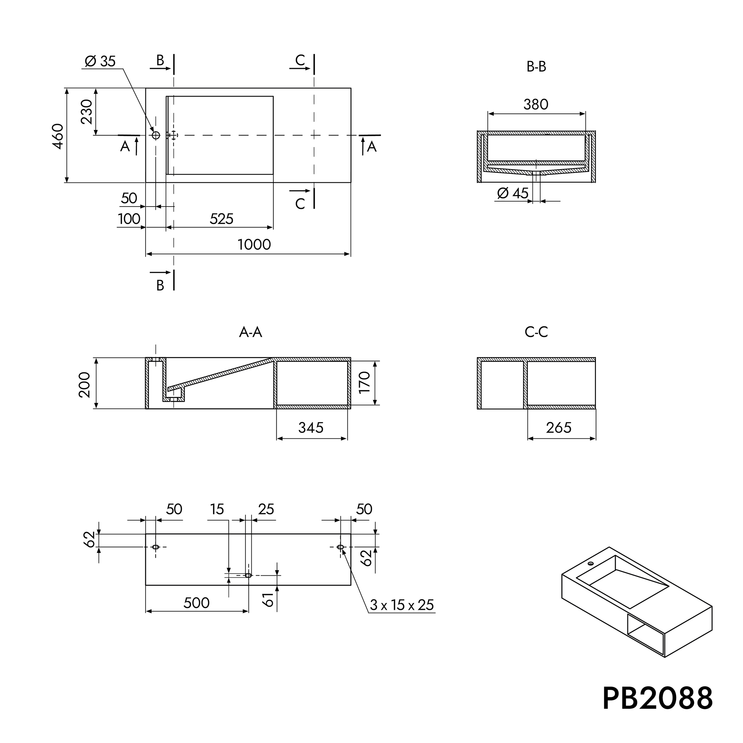 Wandwastafel PB2088 in mineraal gietwerk