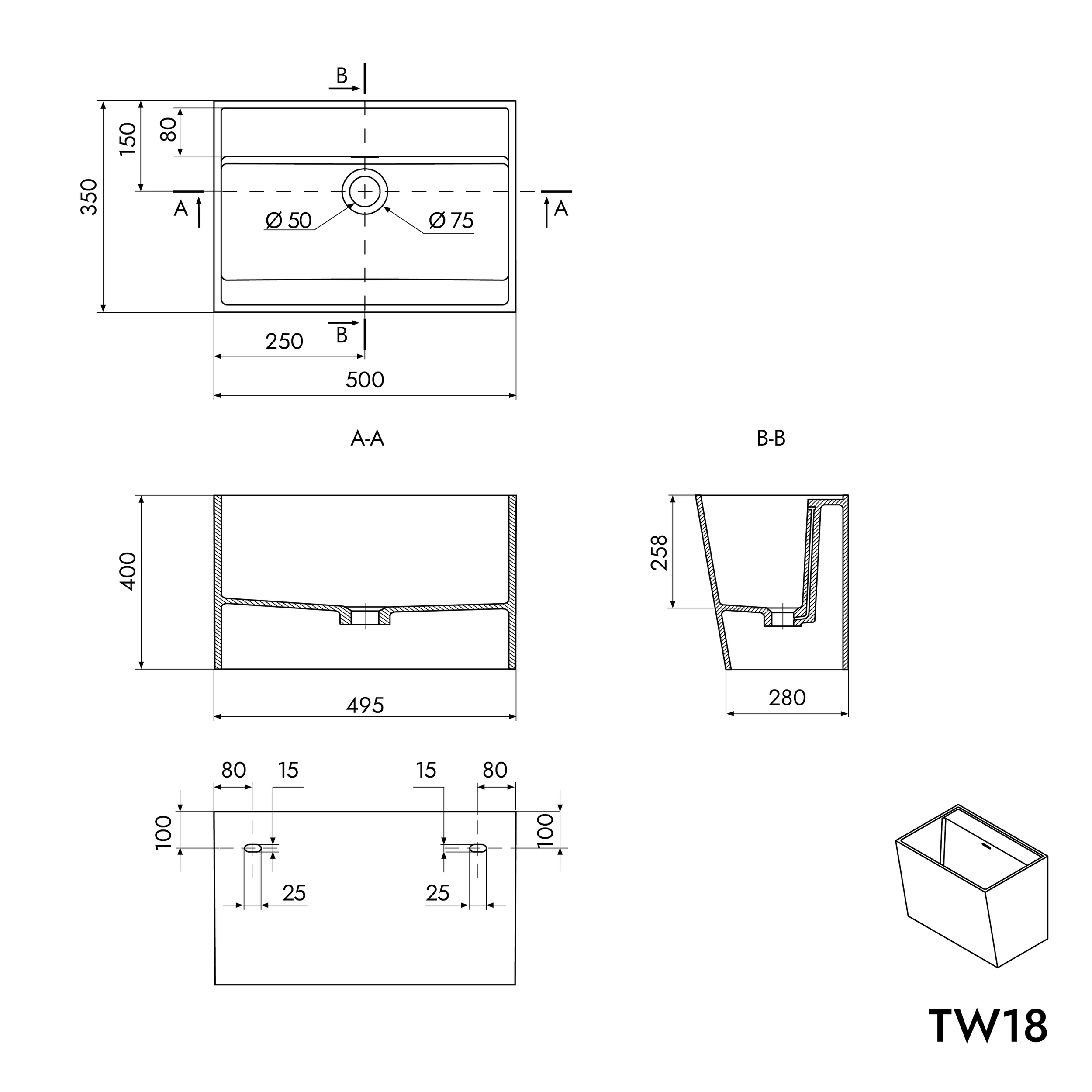 TW18 wandwastafel in mineraal gietwerk