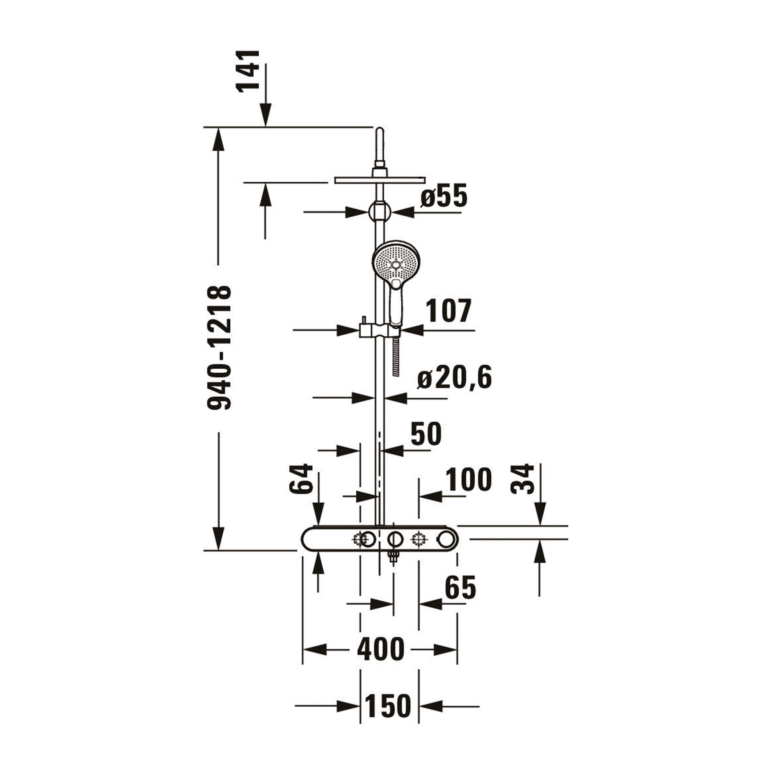 Duravit douchesysteem met thermostaat, glazen legger, 3 straalsoorten en MinusFlow functie - chroom/wit