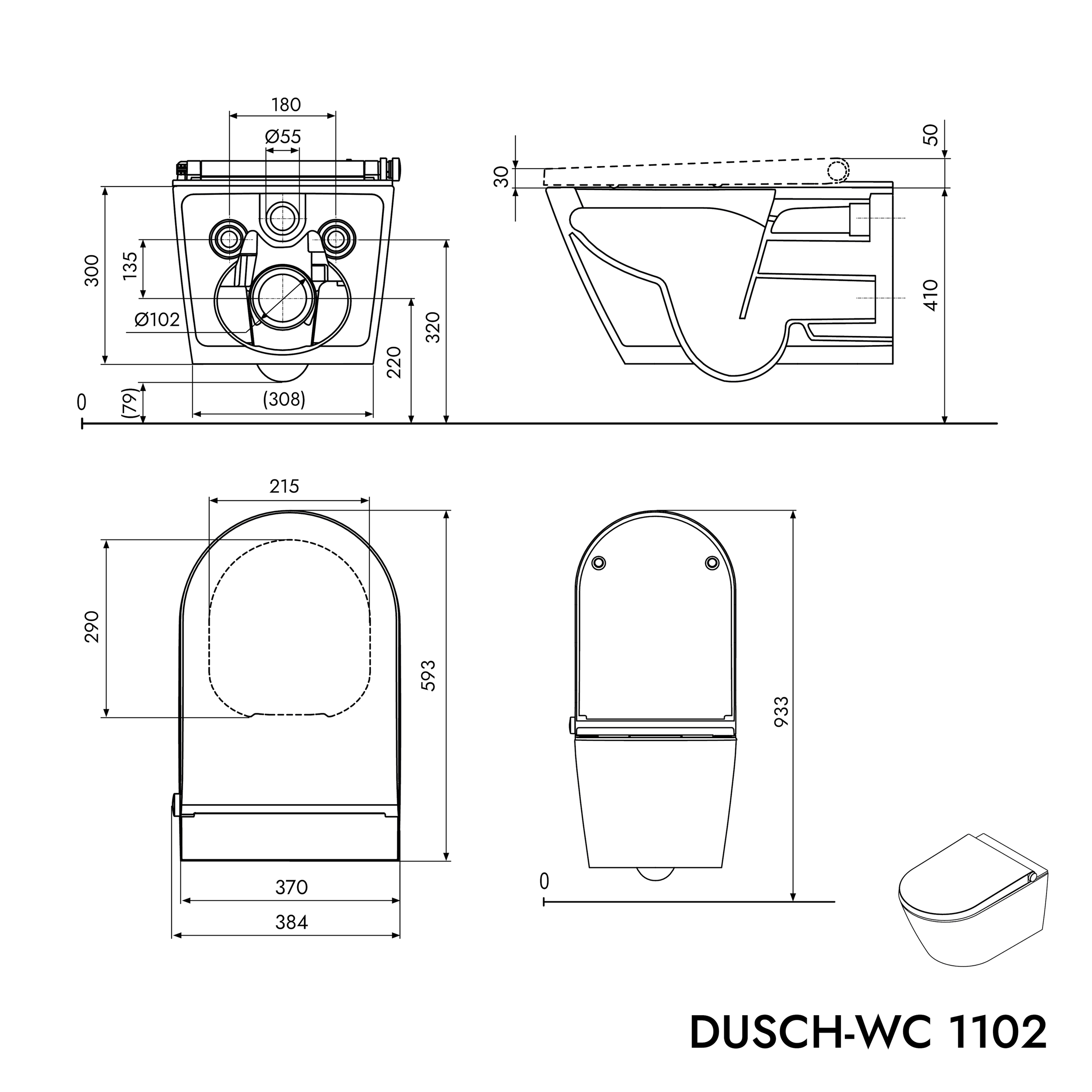 Hangend toiletset: Douche-wc PREMIUM 1102 met Geberit Duofix voorwandmodule