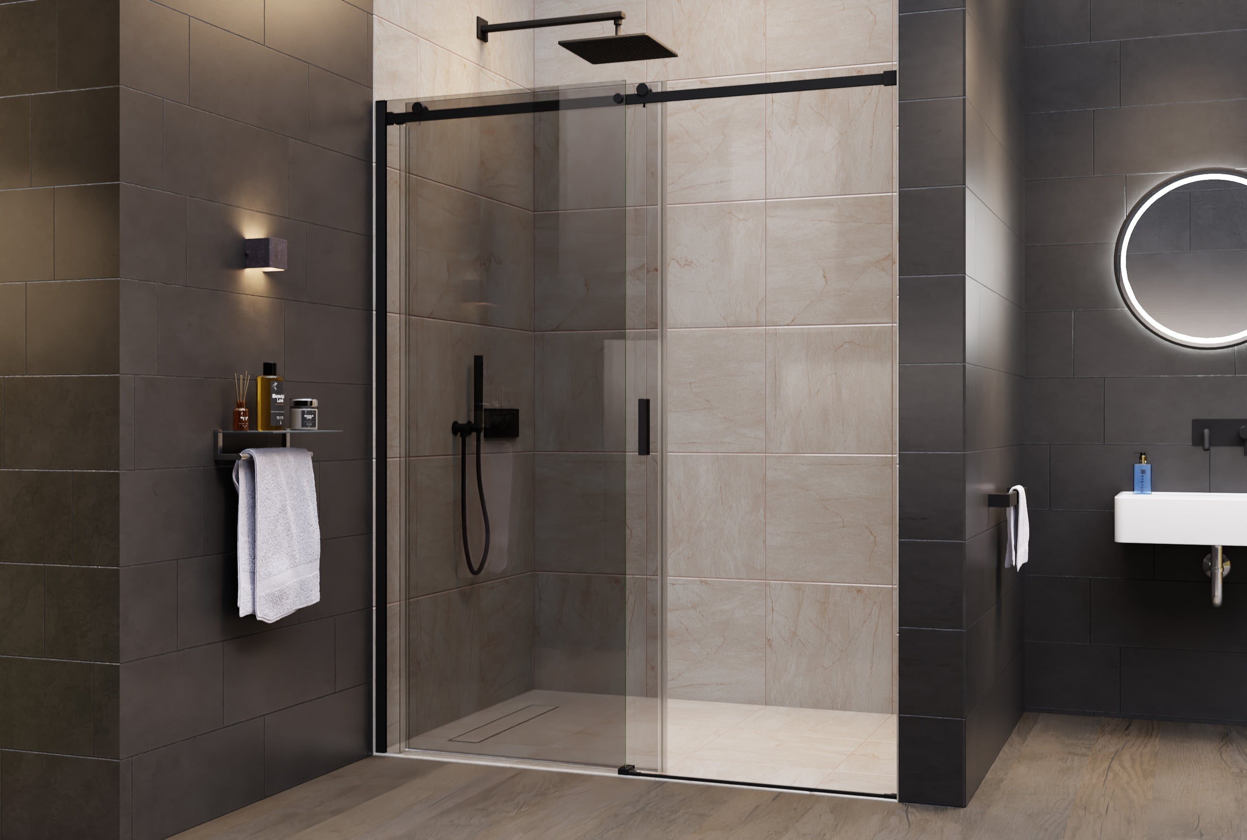 Douche met schuifdeur voor nissen NT806 FLEX zwart mat - Nano grijs glas - glasdikte selecteerbaar