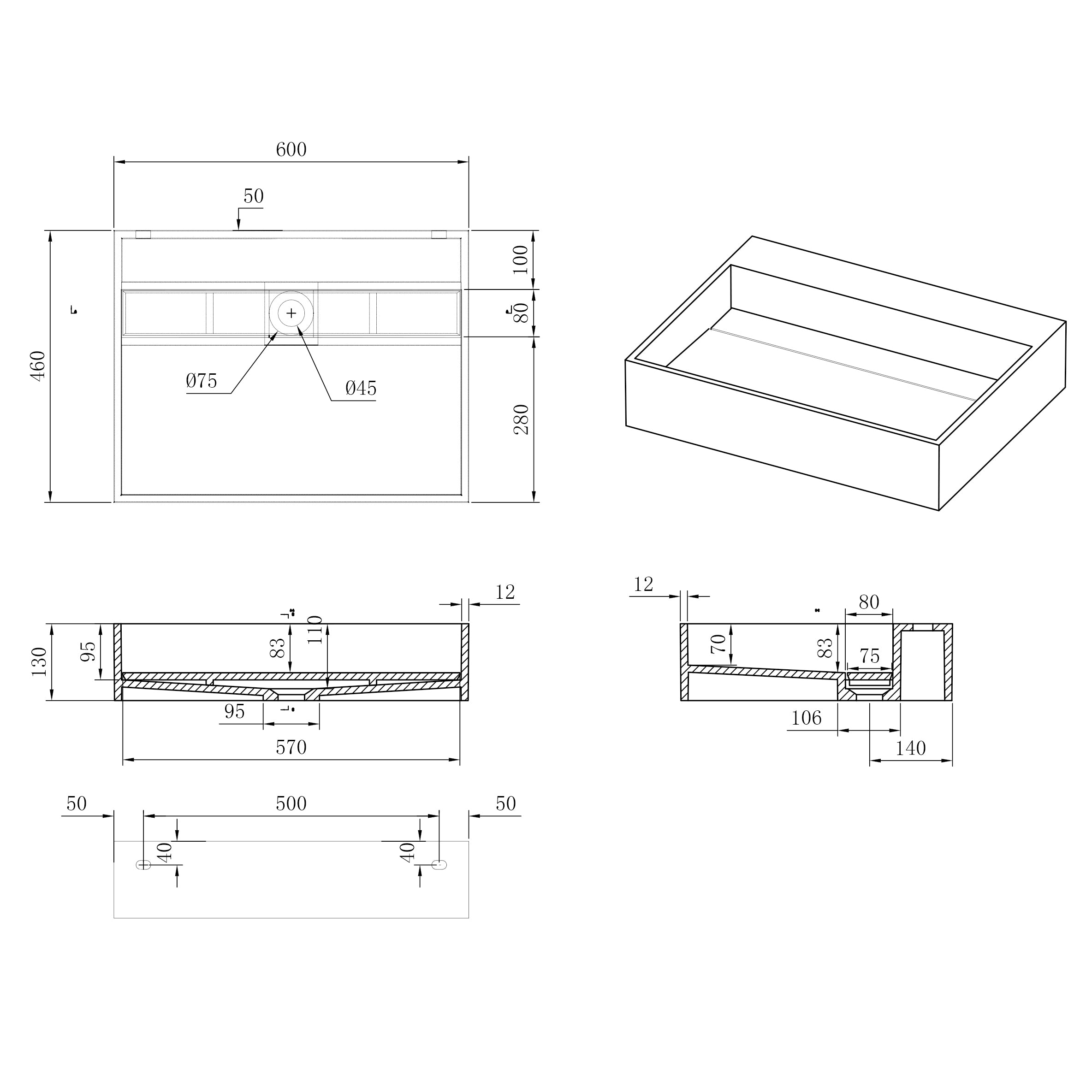 Wandwastafel PB2080 in mineraal gietwerk