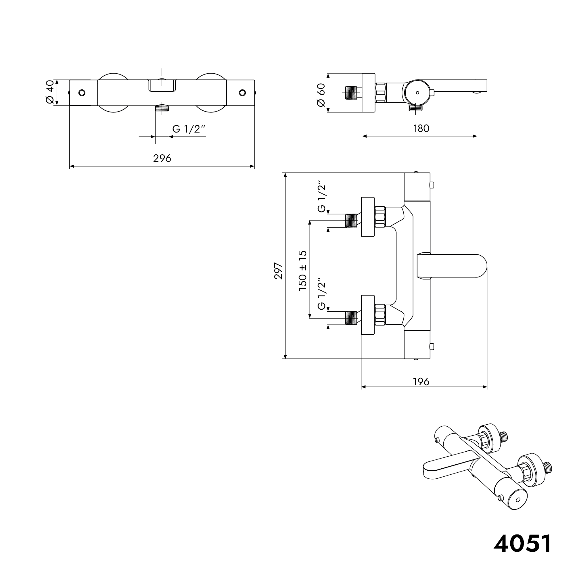Matzwarte thermostatische bad-/douchemengkraan voor wandmontage 4051
