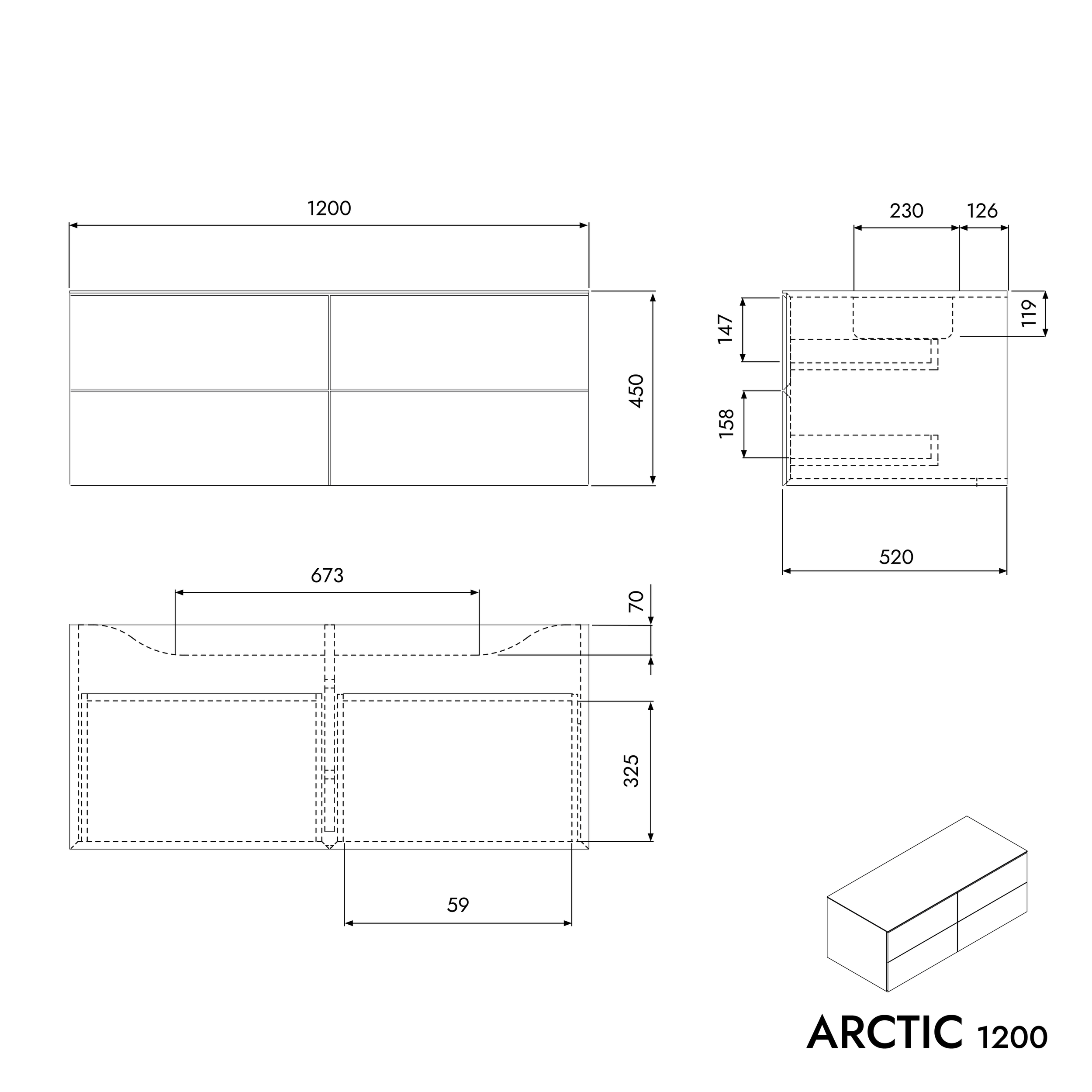 Badkamermeubel onderkast ARCTIC 1200 Wit Softtouch voor opzetwastafel 