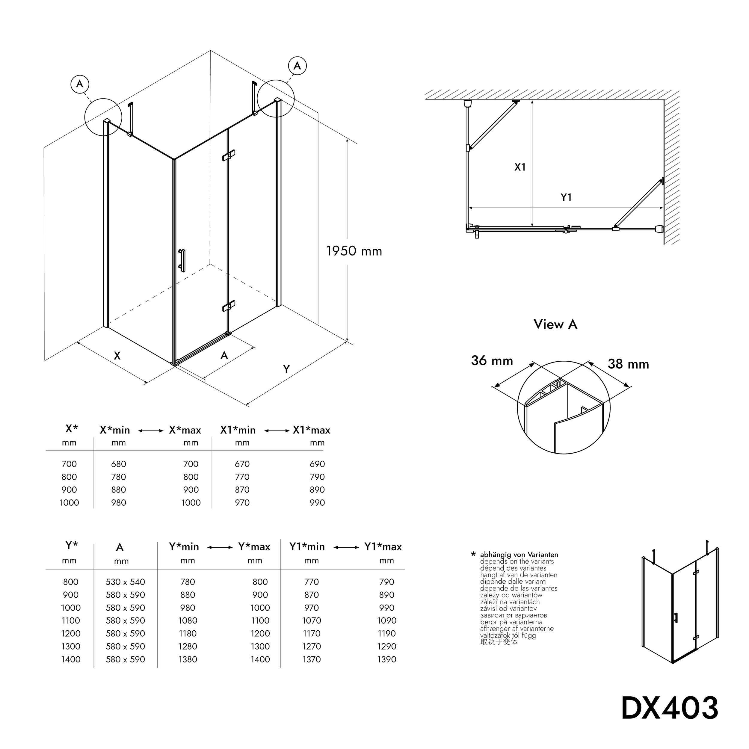 Hoekdouche douchewand DX403