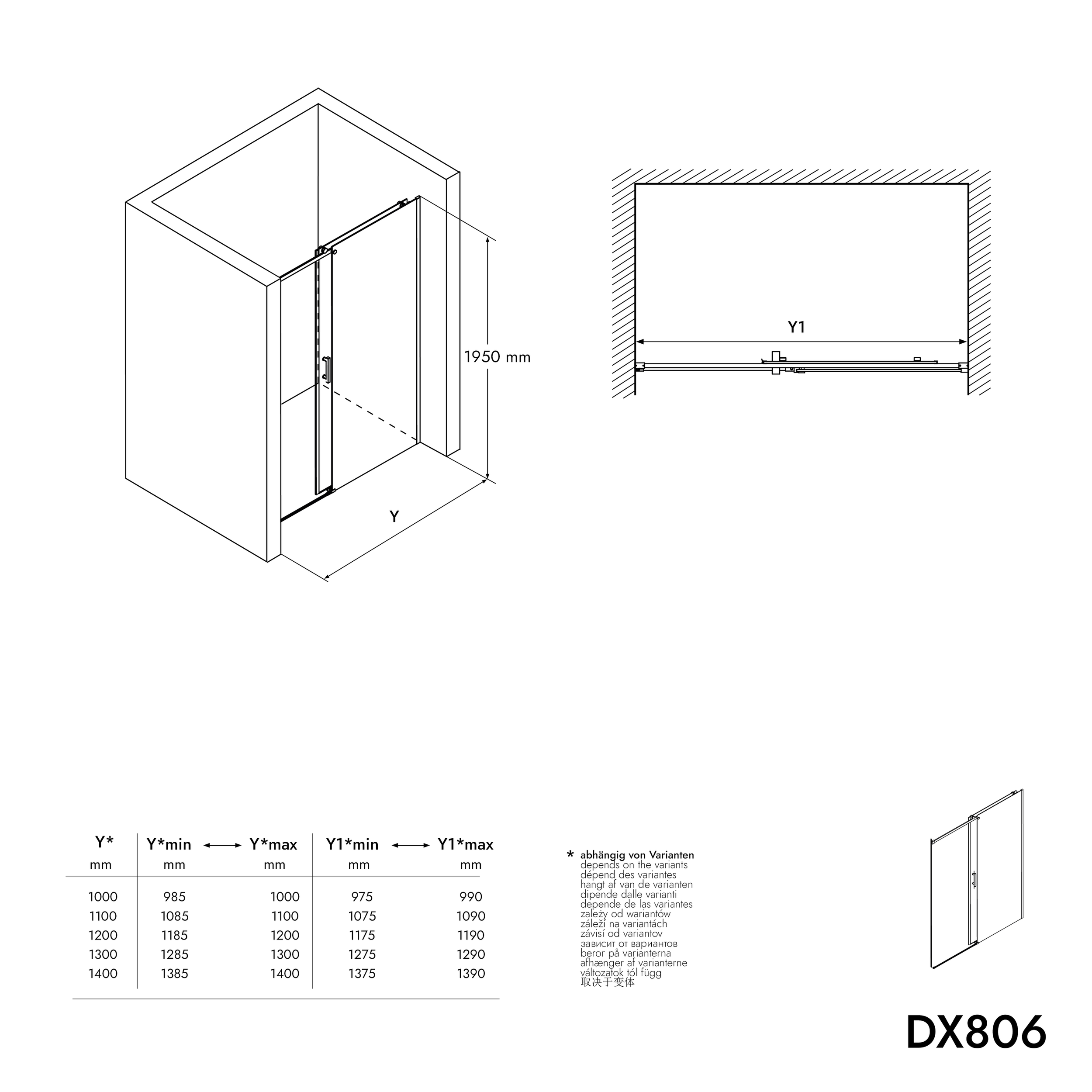 Vaste douchewand met schuifdeur DX806A FLEX van echt glas met Nano-coating - selecteerbare breedte 