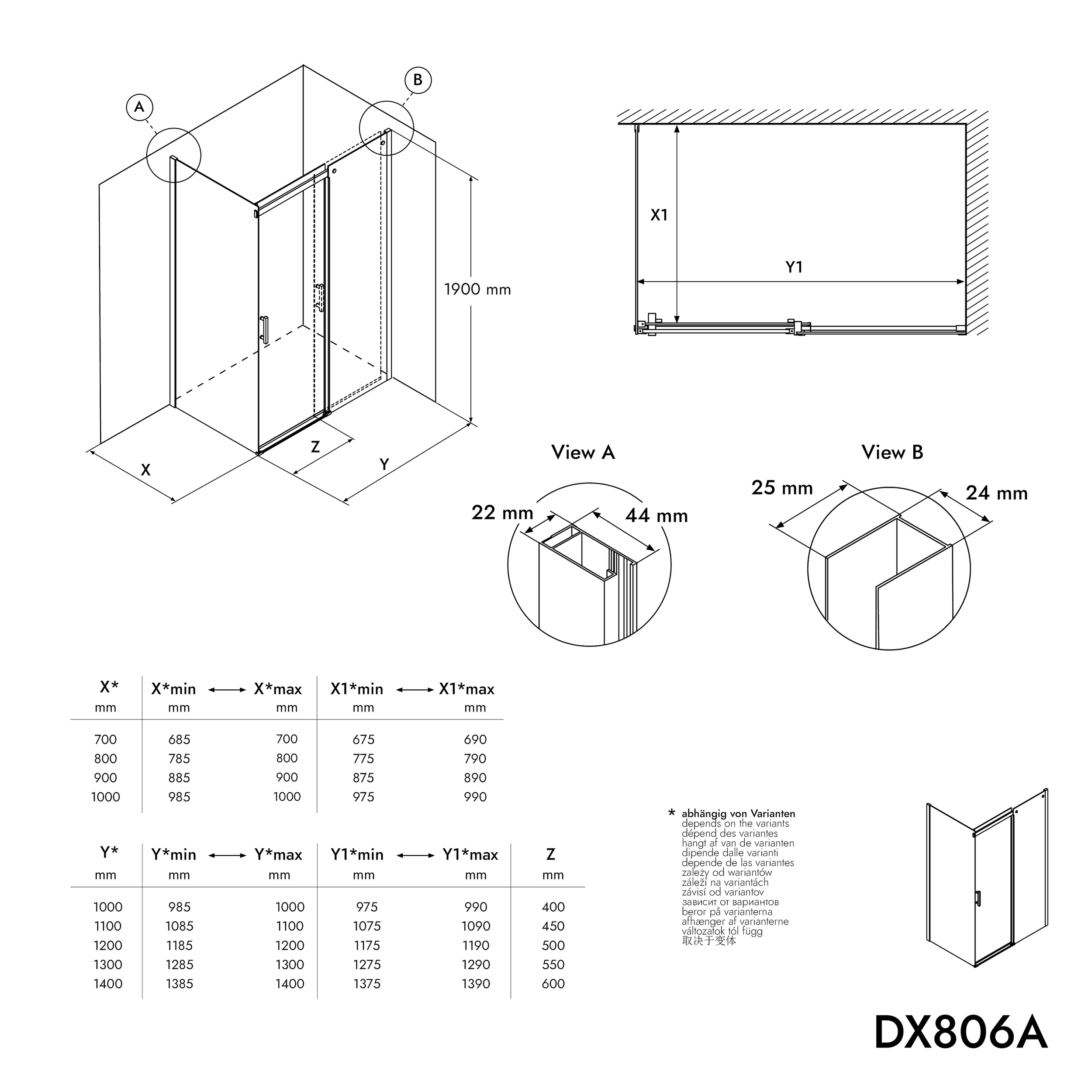 Vaste douchewand en draaideur DX806A FLEX