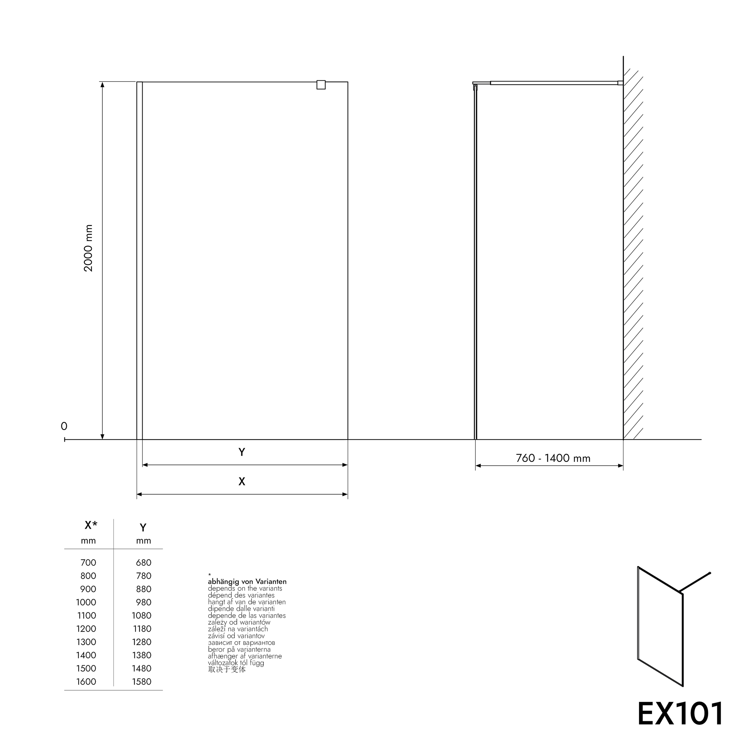 Douchewand Inloop Nano echt glas EX101 - grijs glas - breedte instelbaar