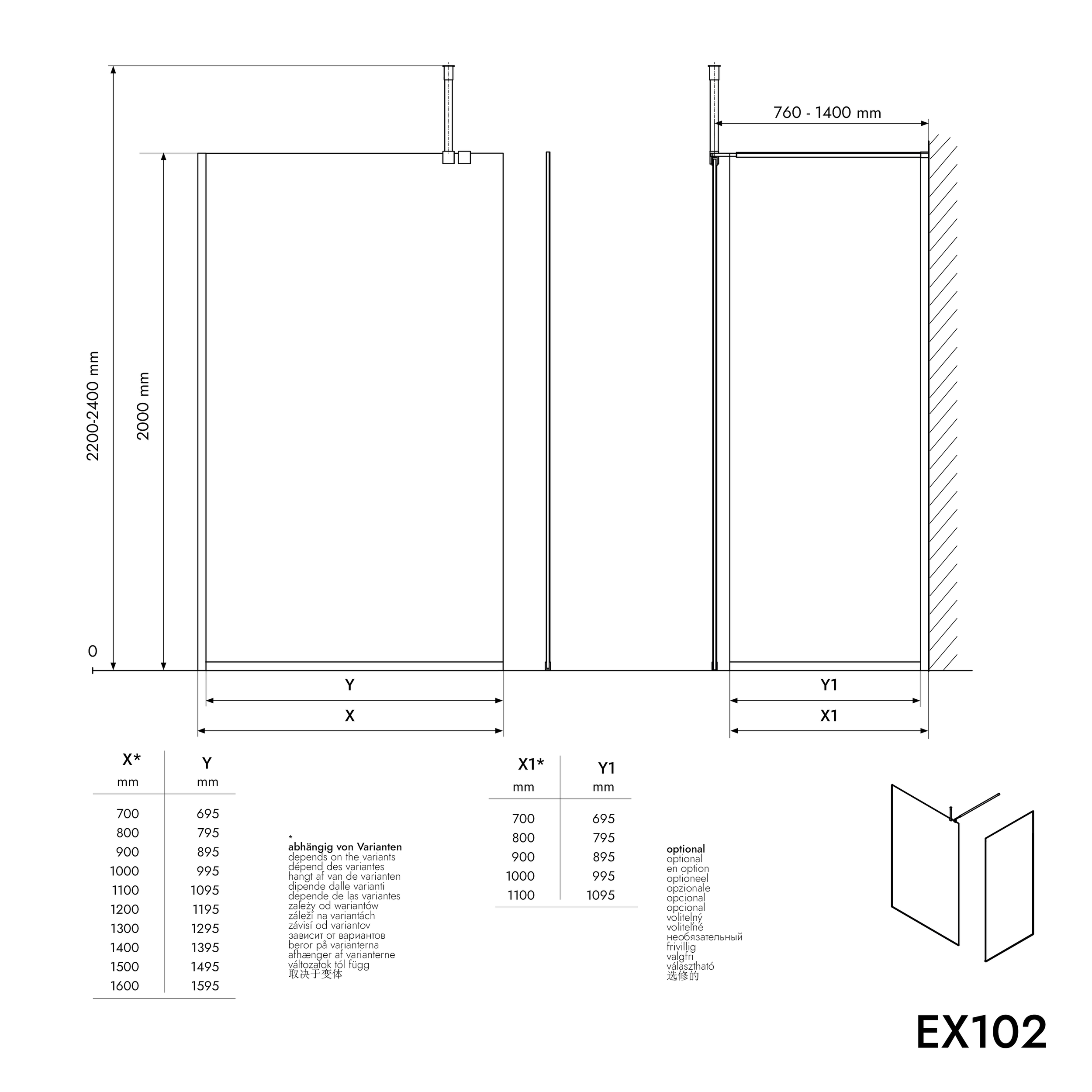 Inloopdouchewand 10mm nano helder glas EX102 - 2 glazen wanden RVS profiel chroom - breedte instelbaar