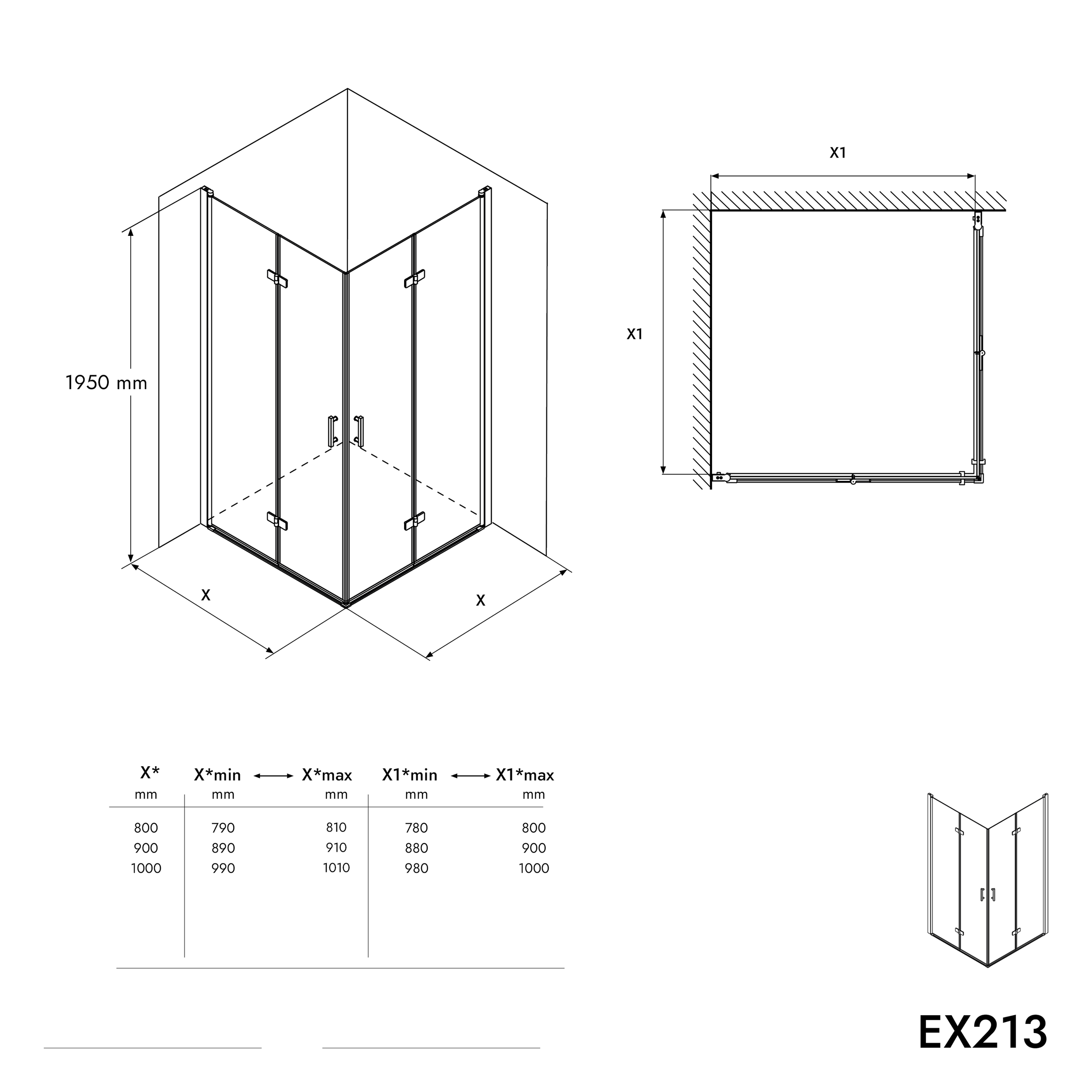 Inschuifbare douchewand, van NANO-glas, EX213, 80 x 80 x 195cm, zonder douchebak