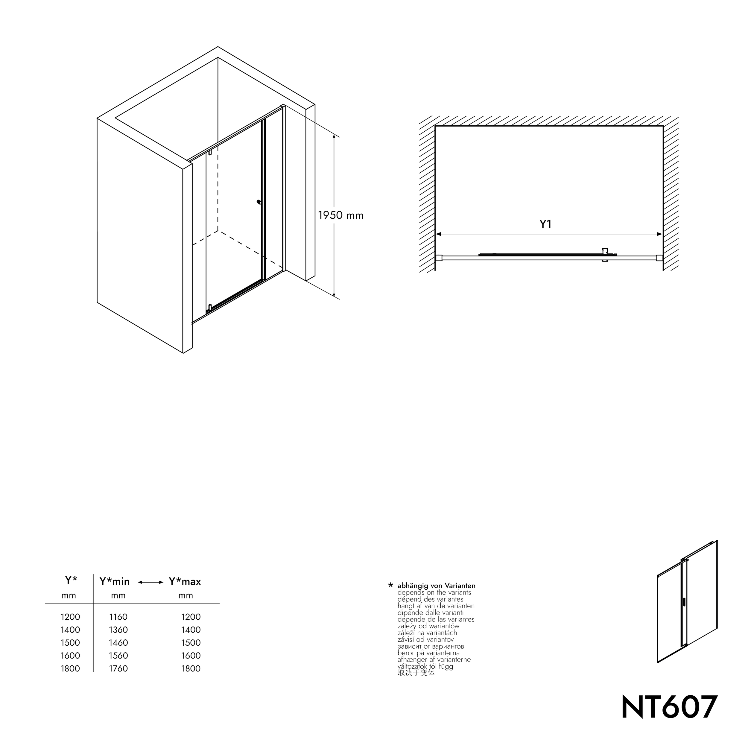 Nisdouche met scharnierende deur op twee vaste panelen NT607 FLEX - 6 mm nano helder glas - profielkleur te kiezen