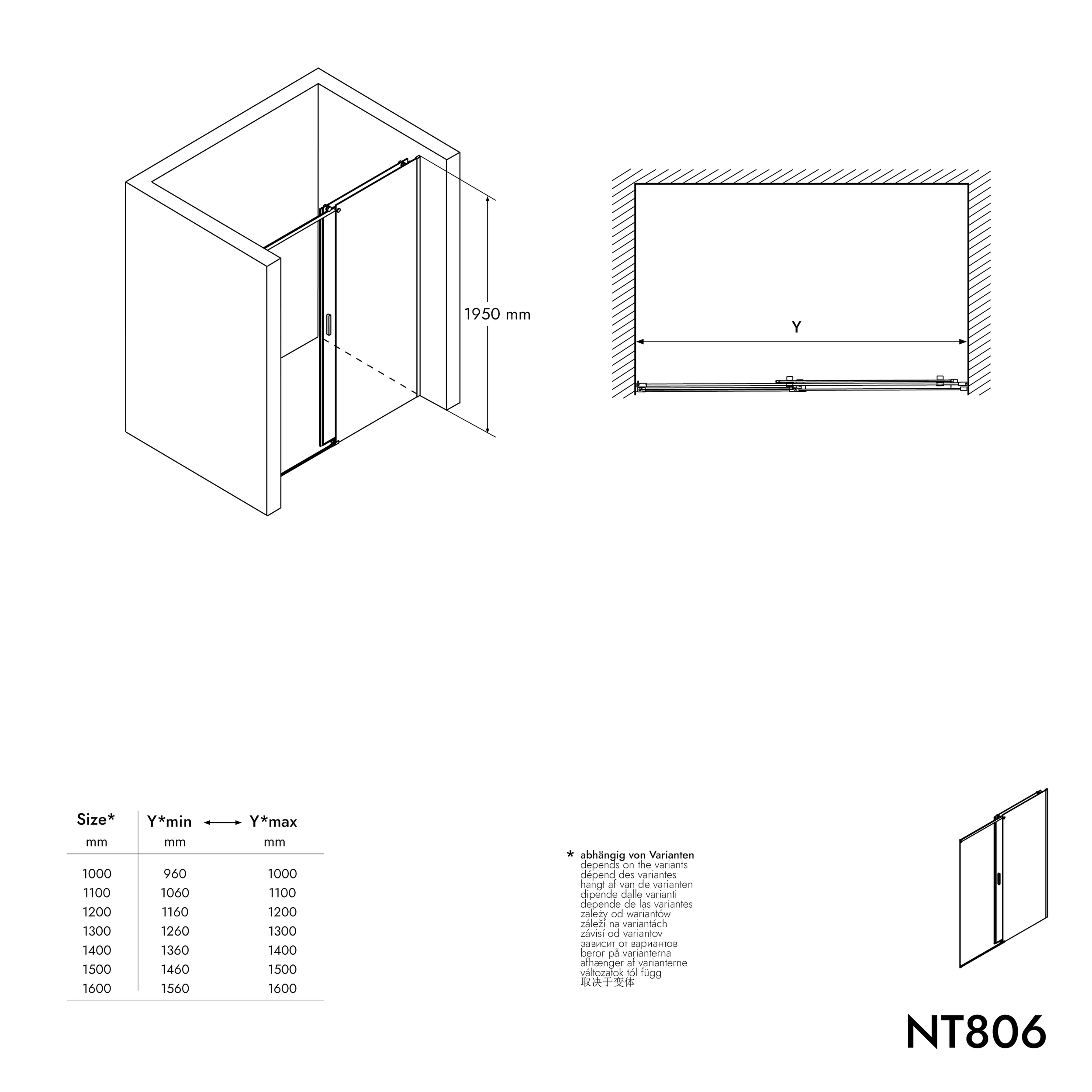 Douche met schuifdeur voor nissen NT806 FLEX zwart mat - Nano grijs glas - glasdikte selecteerbaar