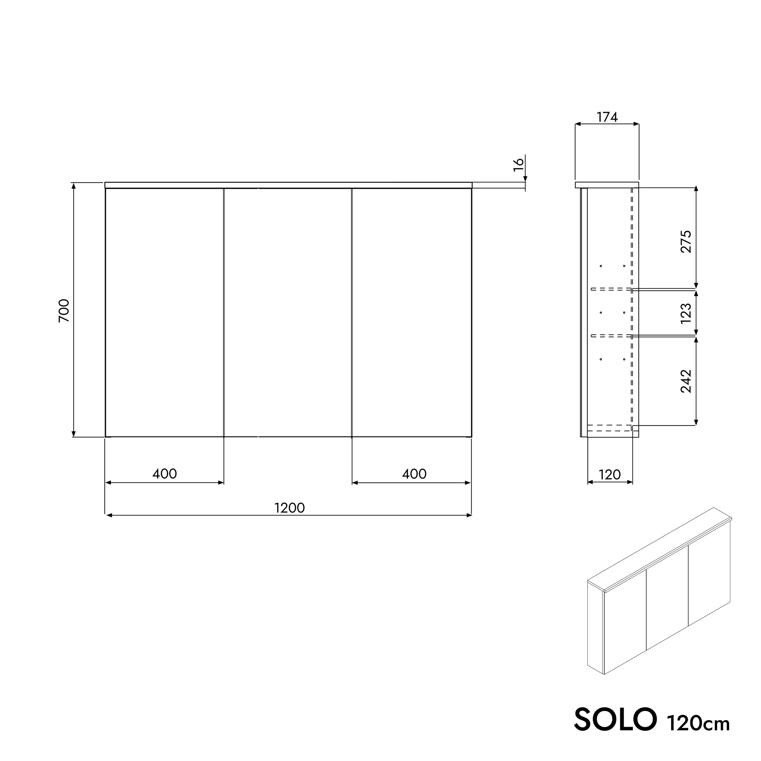 SOLO spiegelkast met LED-verlichting - 120 cm - 3 deuren - kleur selecteerbaar