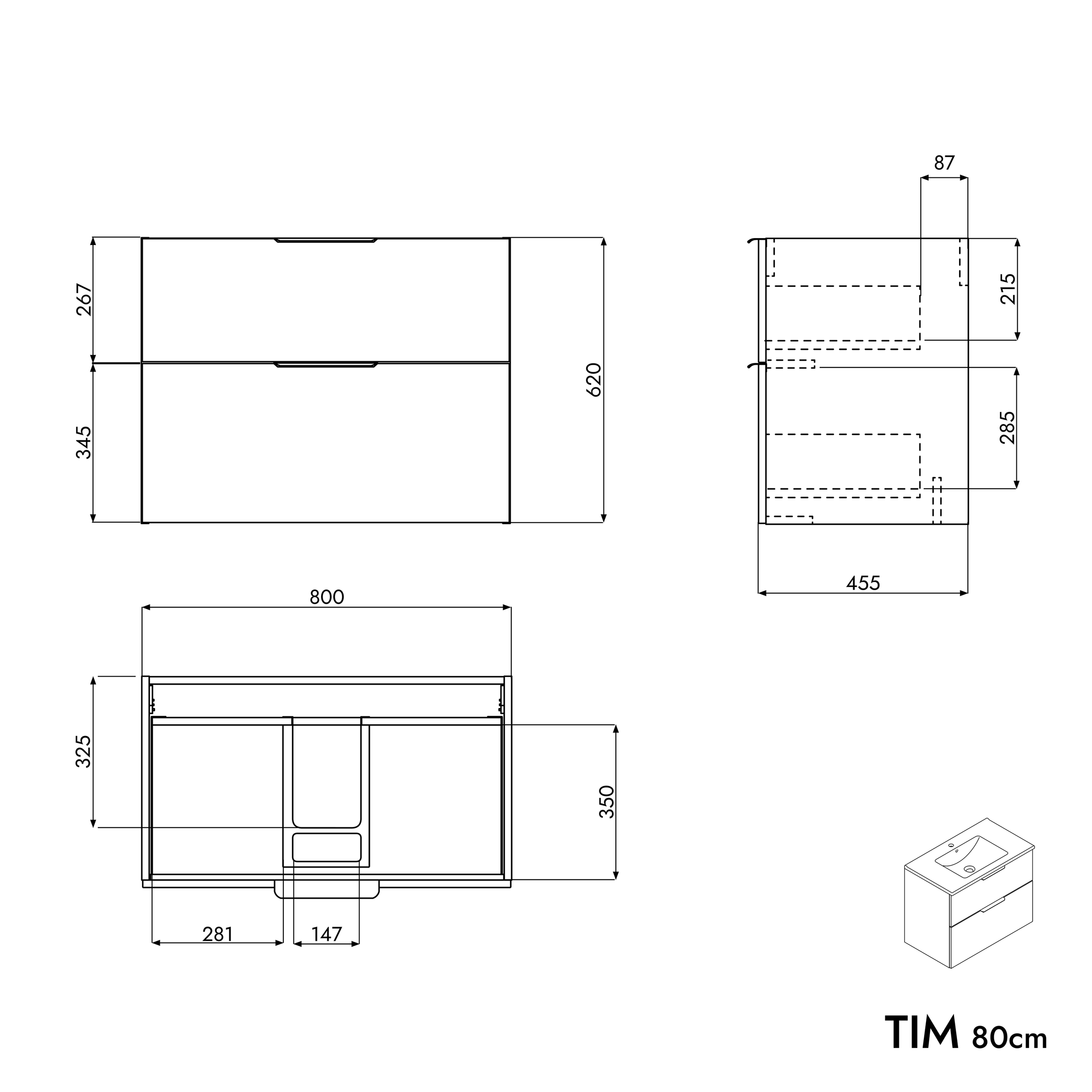 Badmeubel set TIM 80 cm met keramische wastafel